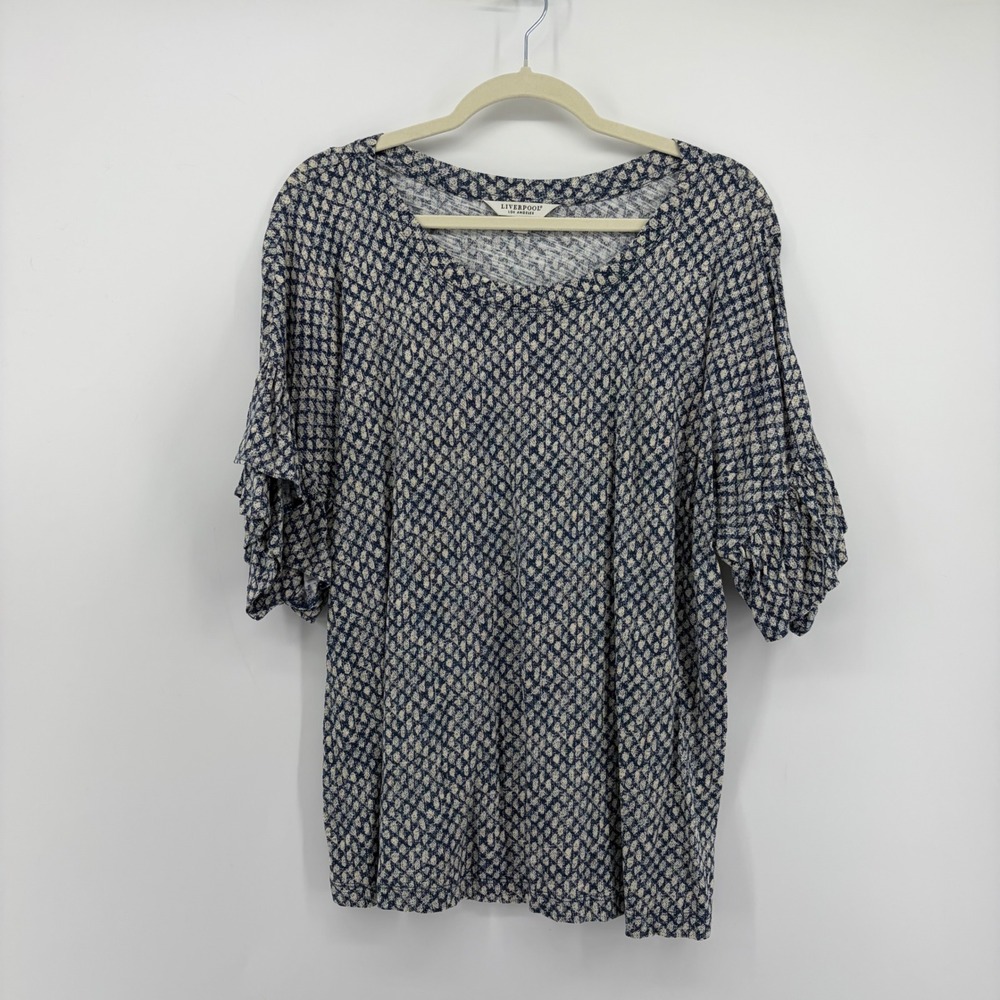 Liverpool Womens XL Blue Geometric‎ Ruffle Sleeve Modal Cotton Knit Top